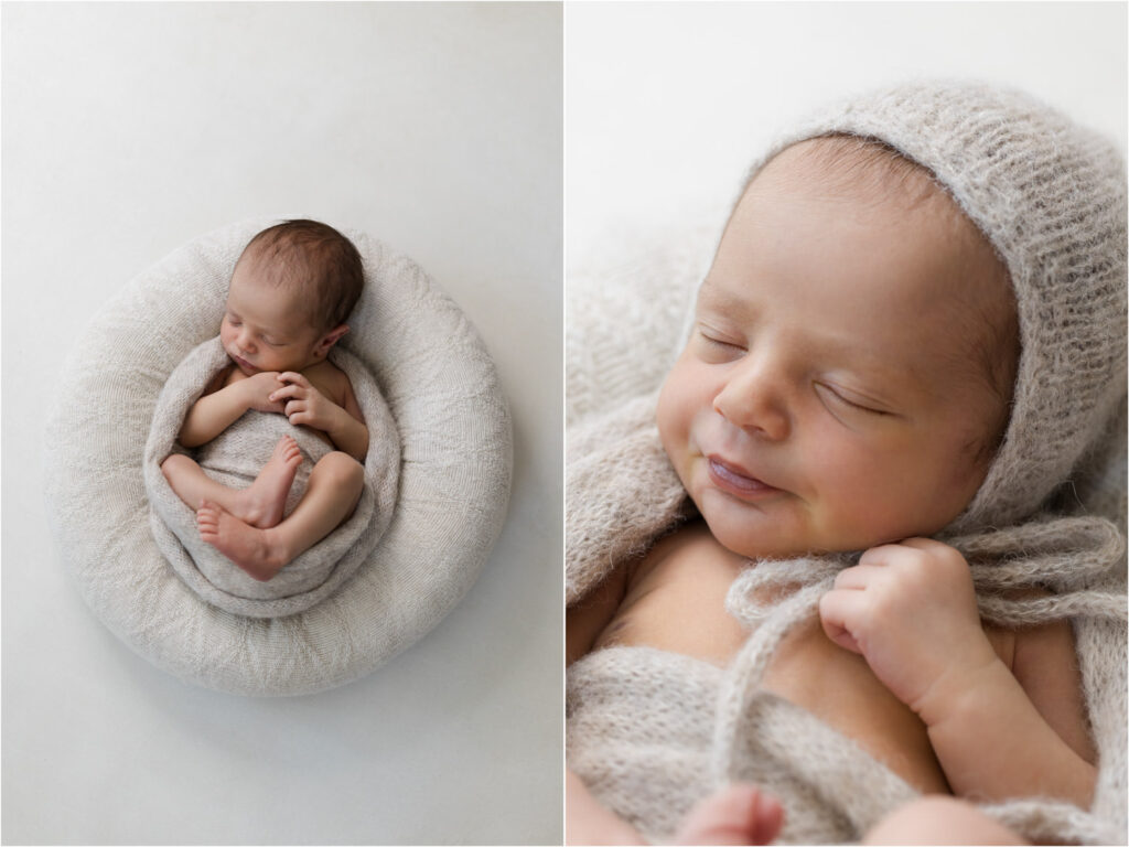 Minimalistische Neugeborenenfotos auf hellem, ruhigem Untergrund