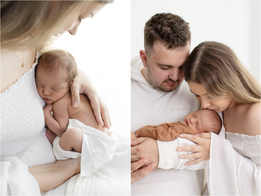 Minimalistische Neugeborenenfotos, die Nähe und Verbindung mit den Eltern zeigen